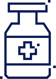 Icon of a medicine bottle with a plus sign on the label. The bottle has a cap and is shown in a simple, dark blue line art style.