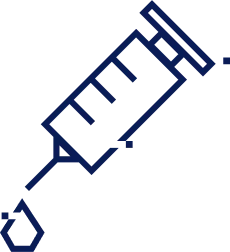 Illustration of a syringe with a drop coming from the needle tip, outlined in dark blue.