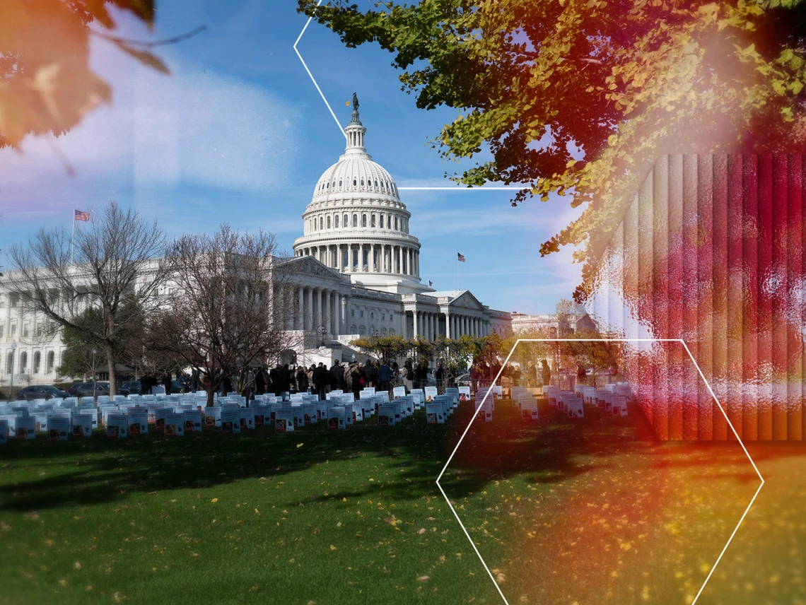 U.S. Capitol with its iconic dome stands against a blue sky. Chairs arranged on the lawn, surrounded by leafless trees. Abstract hexagonal overlays and warm light flares add a modern artistic touch to the scene.