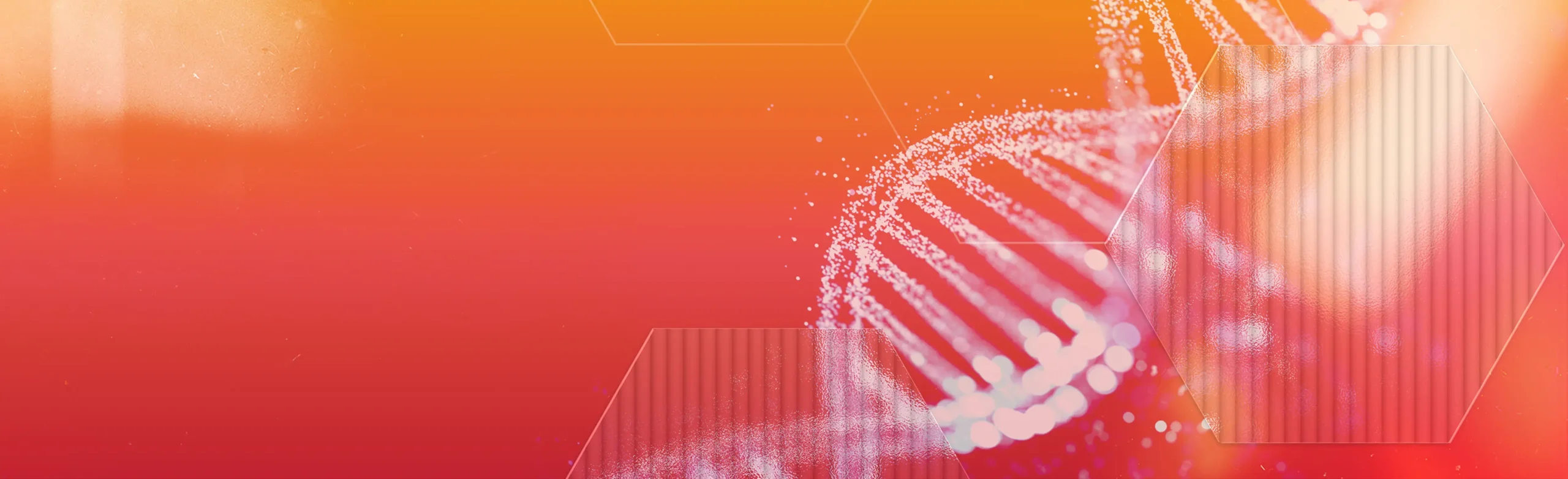 Abstract image of a DNA double helix strand against a gradient background of orange to red. Hexagonal shapes overlay the image, adding a scientific and futuristic feel.