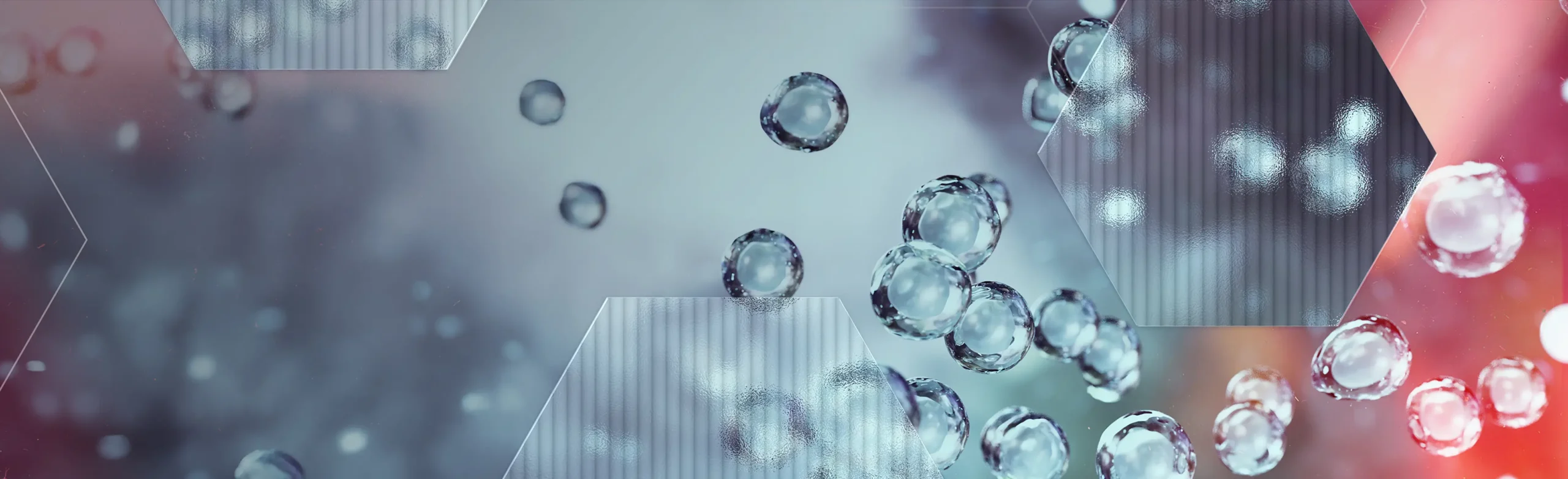 Abstract image featuring floating translucent spheres and hexagonal patterns against a blurred background of blues and reds. The spheres appear to be in motion, giving a sense of dynamic movement.