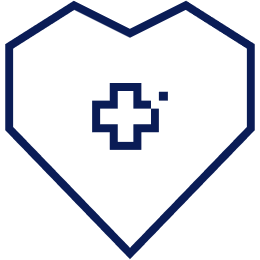 A navy blue outline of a heart shape containing a medical cross with a small dot in the upper-right corner, symbolizing healthcare or medical services.