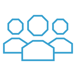 Simple blue line icon showing three human figures, with one larger figure in front and two smaller figures behind on each side, representing a group or community.
