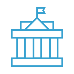 Blue line drawing of a building resembling a government or official institution with a central dome, flag on top, and columns at the entrance.