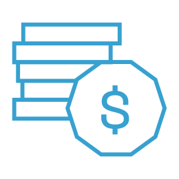 A blue outline of a money bag with a dollar sign in the center, placed in front of three rectangular bars, symbolizing financial growth or investment.