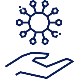 A simple line drawing of an open hand beneath a stylized virus particle, representing protection or care related to health or disease.