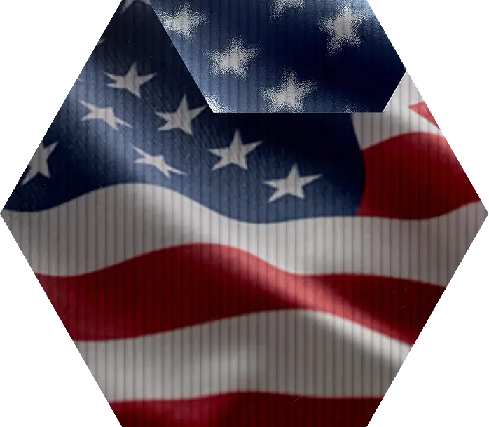 A waving American flag with red, white, and blue stripes and white stars, partially obscured by diagonal glitch-like pixelation across the image.