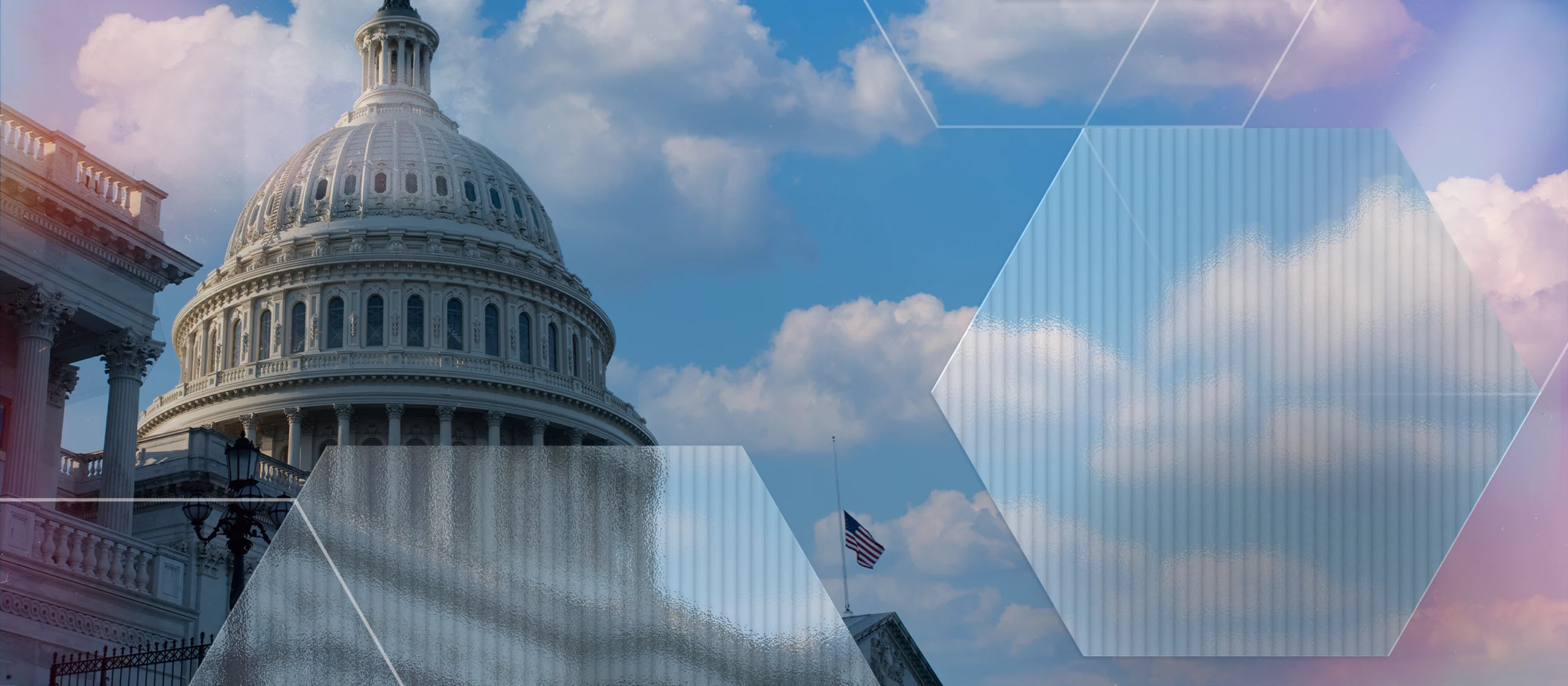 The U.S. Capitol dome against a blue sky with clouds, partially overlaid with semi-transparent hexagonal shapes; an American flag is visible in the background.