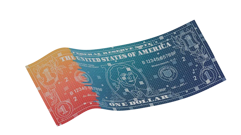 A digitally rendered image of a one-dollar bill, illustrated with a wireframe and gradient colors transitioning from orange on the left to blue on the right, giving it a futuristic and abstract look.