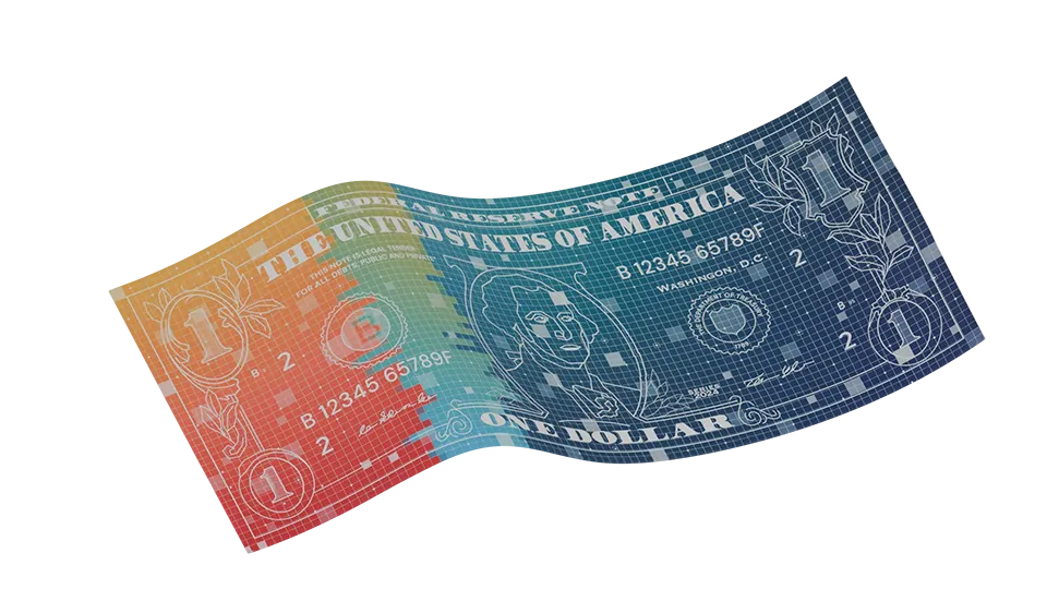 A U.S. one dollar bill digitally altered with a rainbow gradient and pixelated effect, blending colors from red to blue across the bill, while the original design elements remain visible.