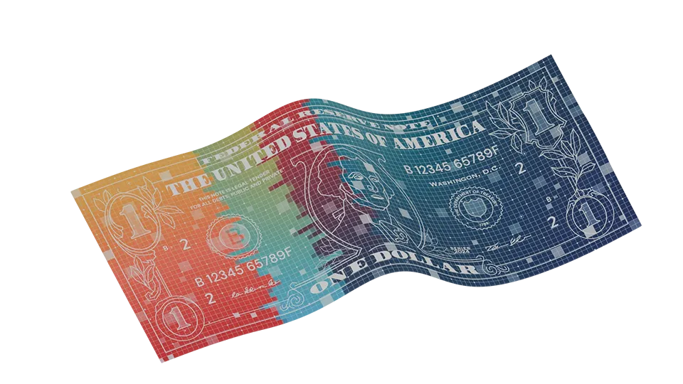A distorted U.S. one dollar bill is shown with a digital grid overlay and a gradient color scheme transitioning from orange, green, red, to blue, suggesting a fusion of technology and currency.