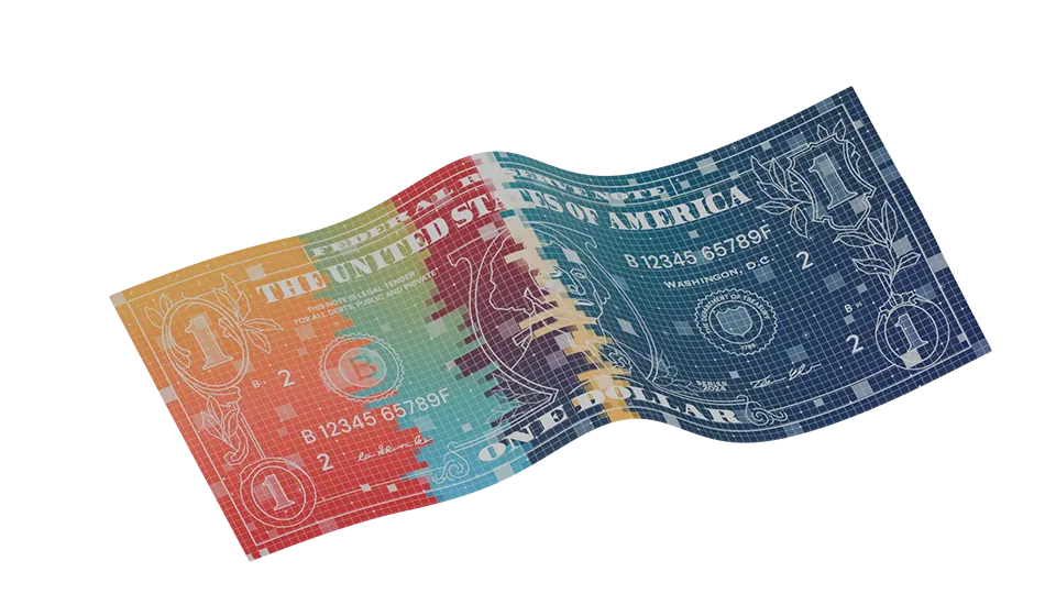A digitally altered U.S. one-dollar bill with a wavy, distorted shape, featuring a gradient of colors transitioning from red and orange on the left to green, blue, and purple on the right.