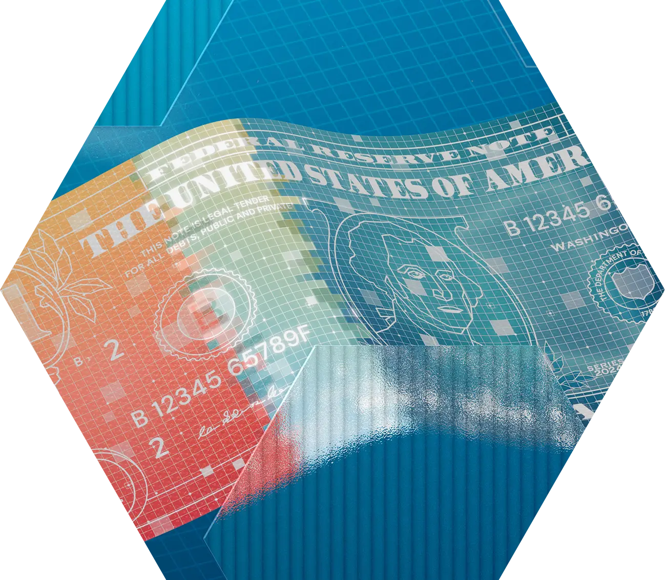 A stylized, digital illustration of a U.S. banknote featuring grid patterns, vibrant blue, orange, and green hues, and abstracted security elements and portraits, symbolizing currency and finance.