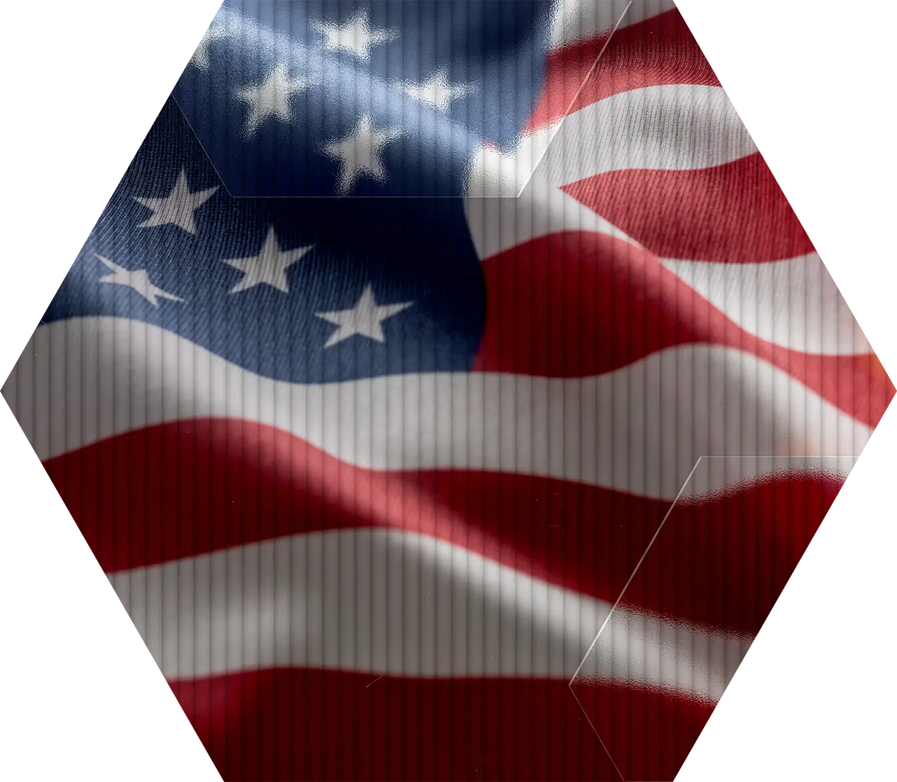An American flag with white stars on a blue field and red and white stripes, appears wavy and partially obscured by diagonal and vertical lines, creating a layered, abstract effect.