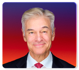 A smiling older man with gray hair, wearing a black suit, white shirt, and red polka-dot tie, poses against a vibrant red and purple gradient background.