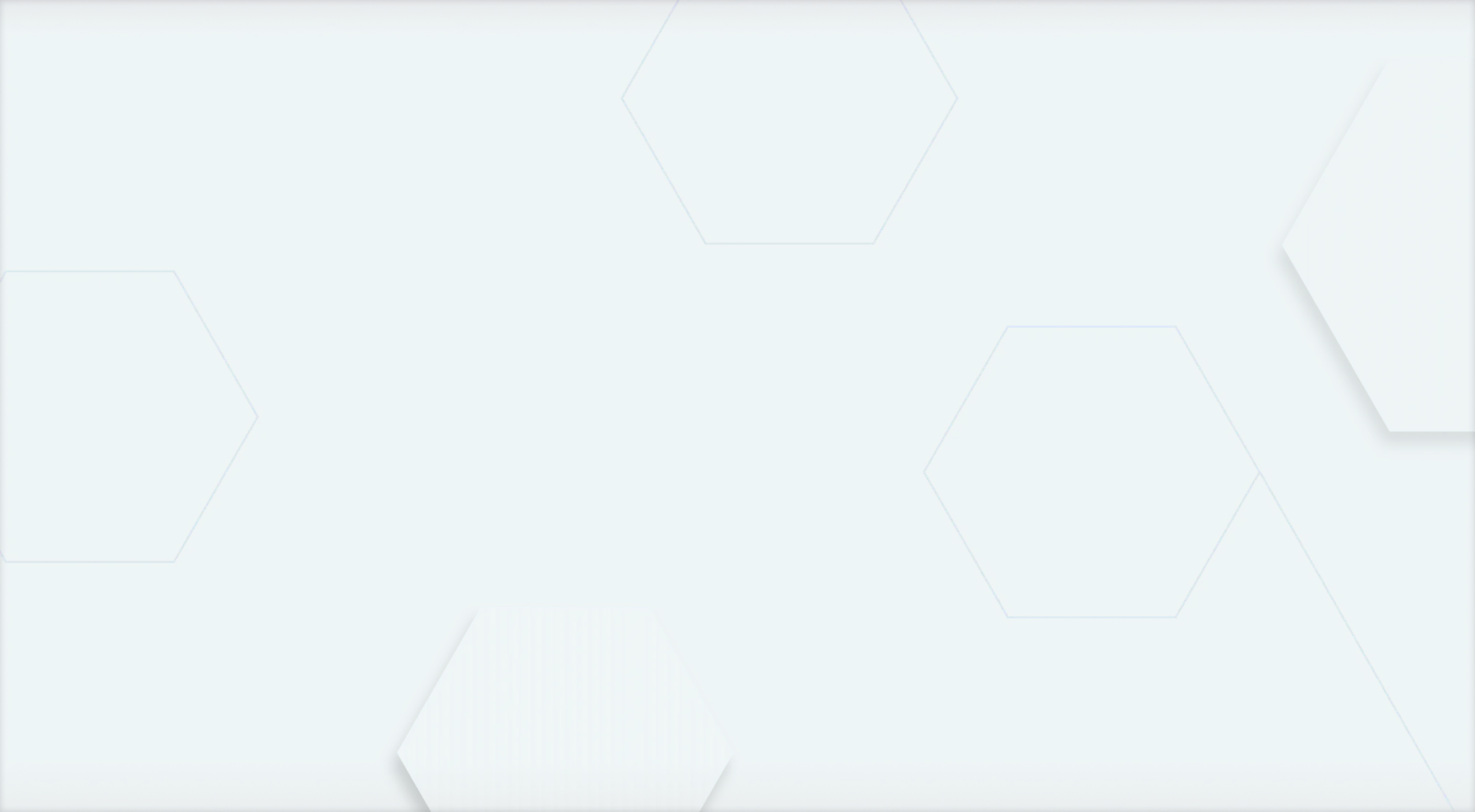Teal background with outlined and filled white hexagons arranged asymmetrically. Some hexagons are partially off the edges, creating a modern abstract design.