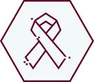 A maroon outline of an awareness ribbon inside a hexagon with a light background.