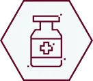 A simple line drawing of a medicine vial with a cross symbol on it, enclosed in a maroon hexagon border on a light background.